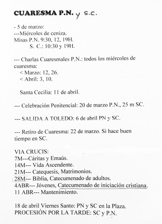 Programa de la Cuaresma en Padre Nuestro y Santa Cecilia